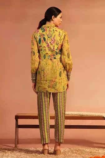 Yellow tamaya embroidered kurta set with jacket