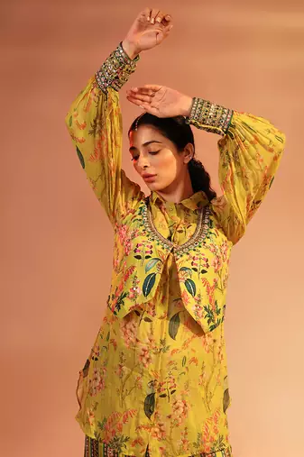 Yellow tamaya embroidered kurta set with jacket