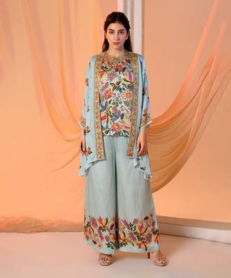 Blue arani embellished co-ord set with jacket 1