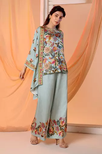 Blue arani embellished co-ord set with jacket
