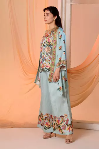 Blue arani embellished co-ord set with jacket