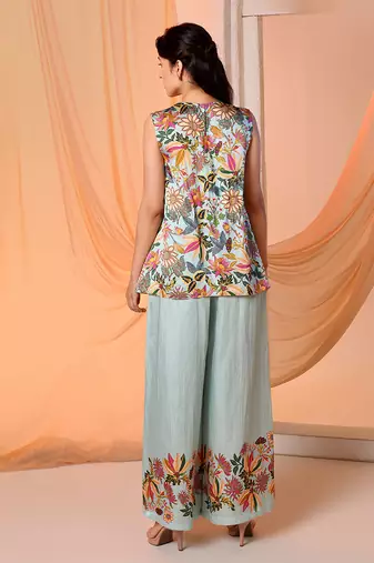 Blue arani embellished co-ord set with jacket