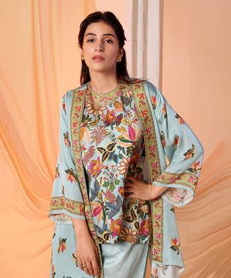 Blue arani embellished co-ord set with jacket 5