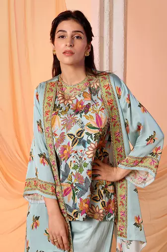 Blue arani embellished co-ord set with jacket