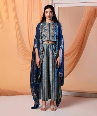 Navy blue earaya printed co-ord set with cape 1