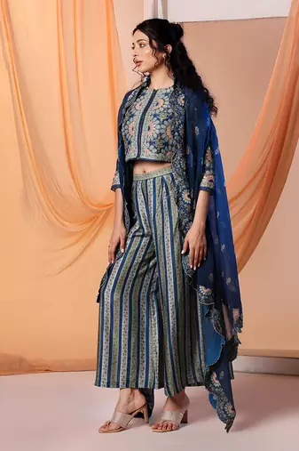 Navy blue earaya printed co-ord set with cape