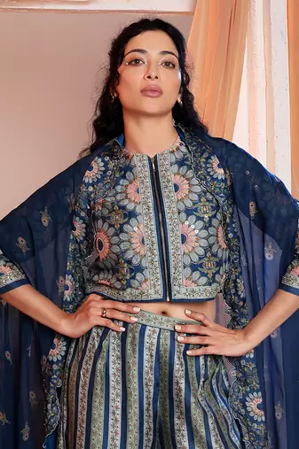 Navy blue earaya printed co-ord set with cape