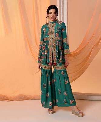 Green aarani embroidered sharara set 1