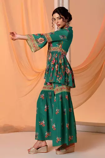 Green aarani embroidered sharara set