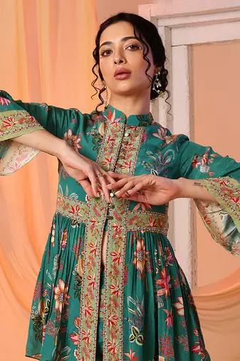Green aarani embroidered sharara set