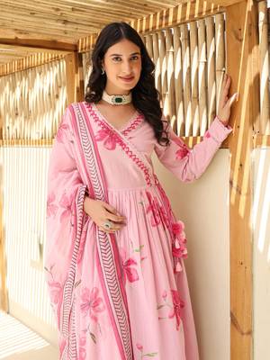 Pink Floral Printed Anarkali Set with Dupatta 4