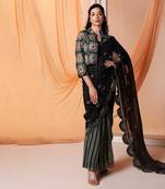 Black Eraya embroidered pre-stiched saree and bustier with jacket