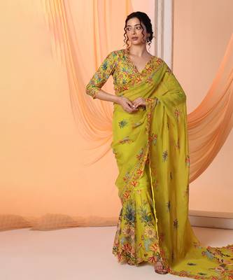 yellow aarani embroidered pre-stitch saree with blouse 1