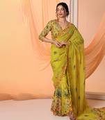 yellow aarani embroidered pre-stitch saree with blouse