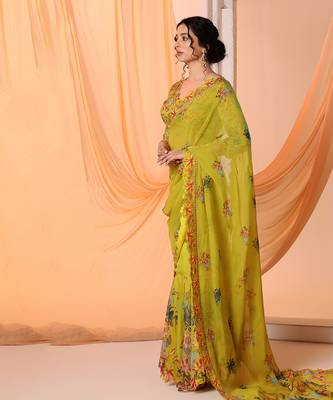 yellow aarani embroidered pre-stitch saree with blouse 2