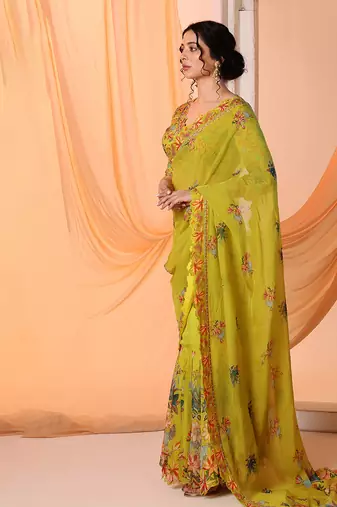 yellow aarani embroidered pre-stitch saree with blouse