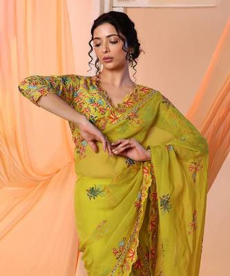 yellow aarani embroidered pre-stitch saree with blouse 3