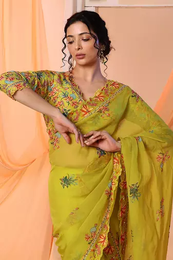 yellow aarani embroidered pre-stitch saree with blouse