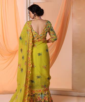 yellow aarani embroidered pre-stitch saree with blouse 4