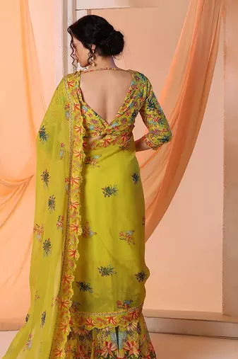 yellow aarani embroidered pre-stitch saree with blouse