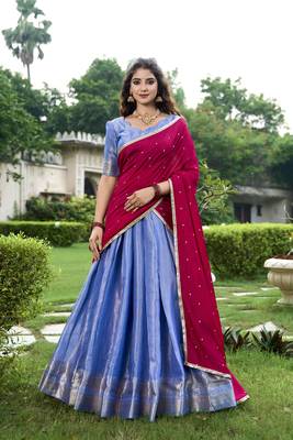 Royal Blue Silk Lehenga Choli with Contrast Maroon Dupatta 1