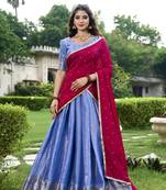 Royal Blue Silk Lehenga Choli with Contrast Maroon Dupatta