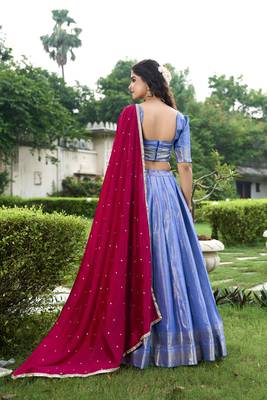 Royal Blue Silk Lehenga Choli with Contrast Maroon Dupatta 3