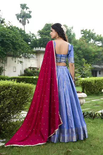 Royal Blue Silk Lehenga Choli with Contrast Maroon Dupatta