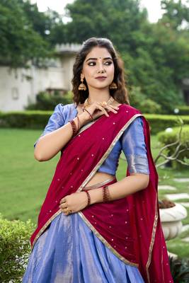 Royal Blue Silk Lehenga Choli with Contrast Maroon Dupatta 4