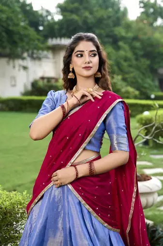 Royal Blue Silk Lehenga Choli with Contrast Maroon Dupatta