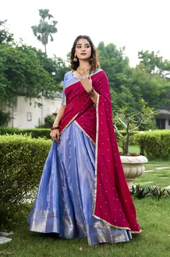 Royal Blue Silk Lehenga Choli with Contrast Maroon Dupatta