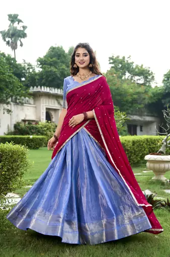 Royal Blue Silk Lehenga Choli with Contrast Maroon Dupatta