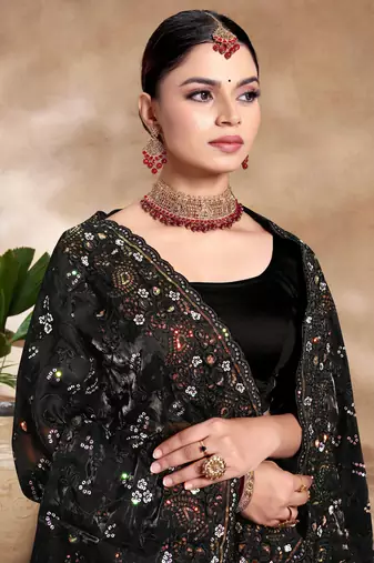 Designer black resham sequence embroidery work silk saree