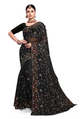 Designer black resham sequence embroidery work silk saree 4