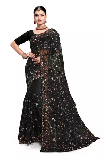 Designer black resham sequence embroidery work silk saree