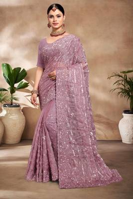 Designer lavender resham sequence embroidery work silk saree 1