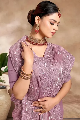 Designer lavender resham sequence embroidery work silk saree
