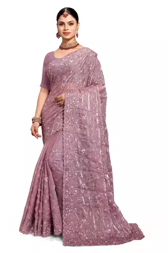 Designer lavender resham sequence embroidery work silk saree