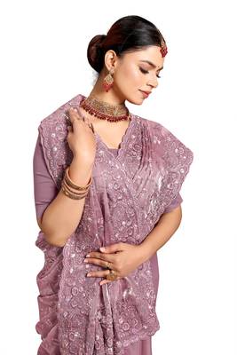 Designer lavender resham sequence embroidery work silk saree 5