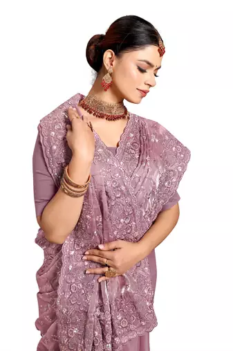 Designer lavender resham sequence embroidery work silk saree