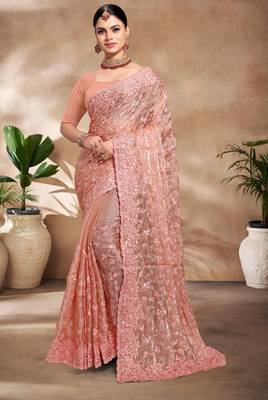 Designer peach resham sequence embroidery work silk saree 1