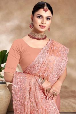 Designer peach resham sequence embroidery work silk saree 2