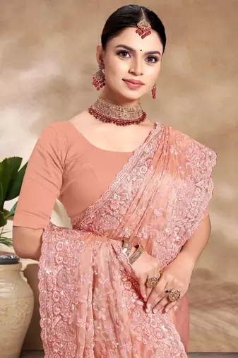 Designer peach resham sequence embroidery work silk saree