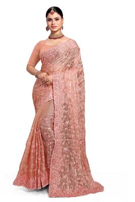 Designer peach resham sequence embroidery work silk saree 4