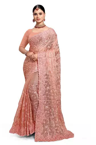 Designer peach resham sequence embroidery work silk saree