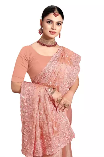 Designer peach resham sequence embroidery work silk saree