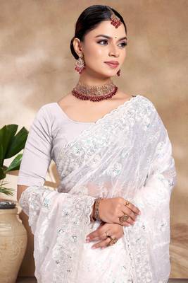 Designer white resham sequence embroidery work silk saree 2