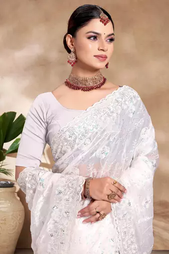 Designer white resham sequence embroidery work silk saree