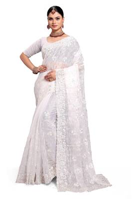 Designer white resham sequence embroidery work silk saree 4