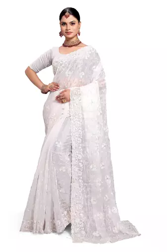 Designer white resham sequence embroidery work silk saree